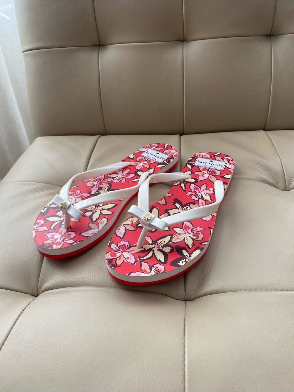 kate spade White Strap red and pink Floral Flip Flop Sandals